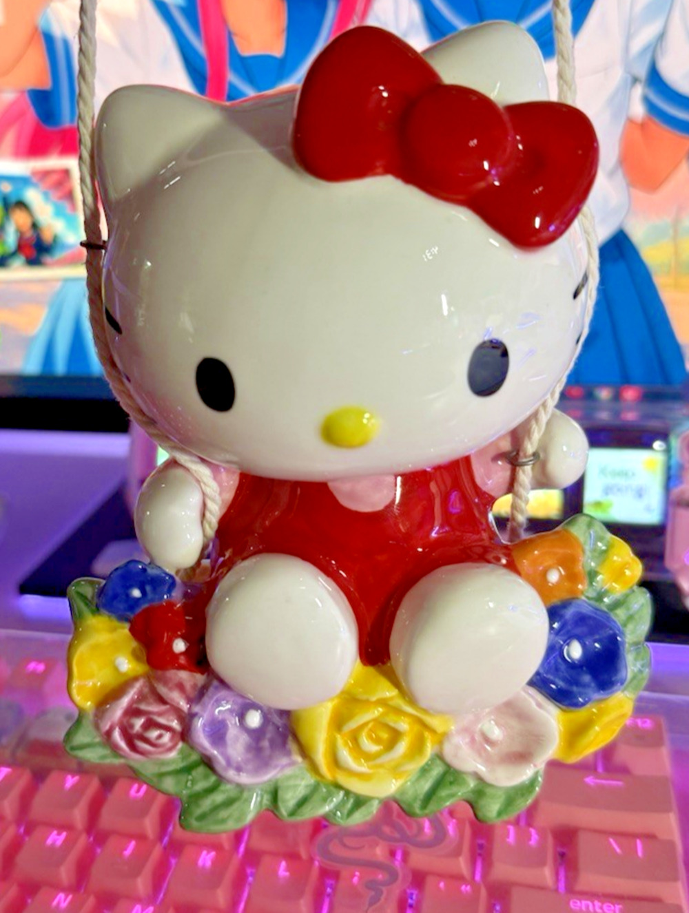 Hello Kitty Ceramic Figurine Blue Sky Clayworks Garden Swing Flowers 2024 Sanrio